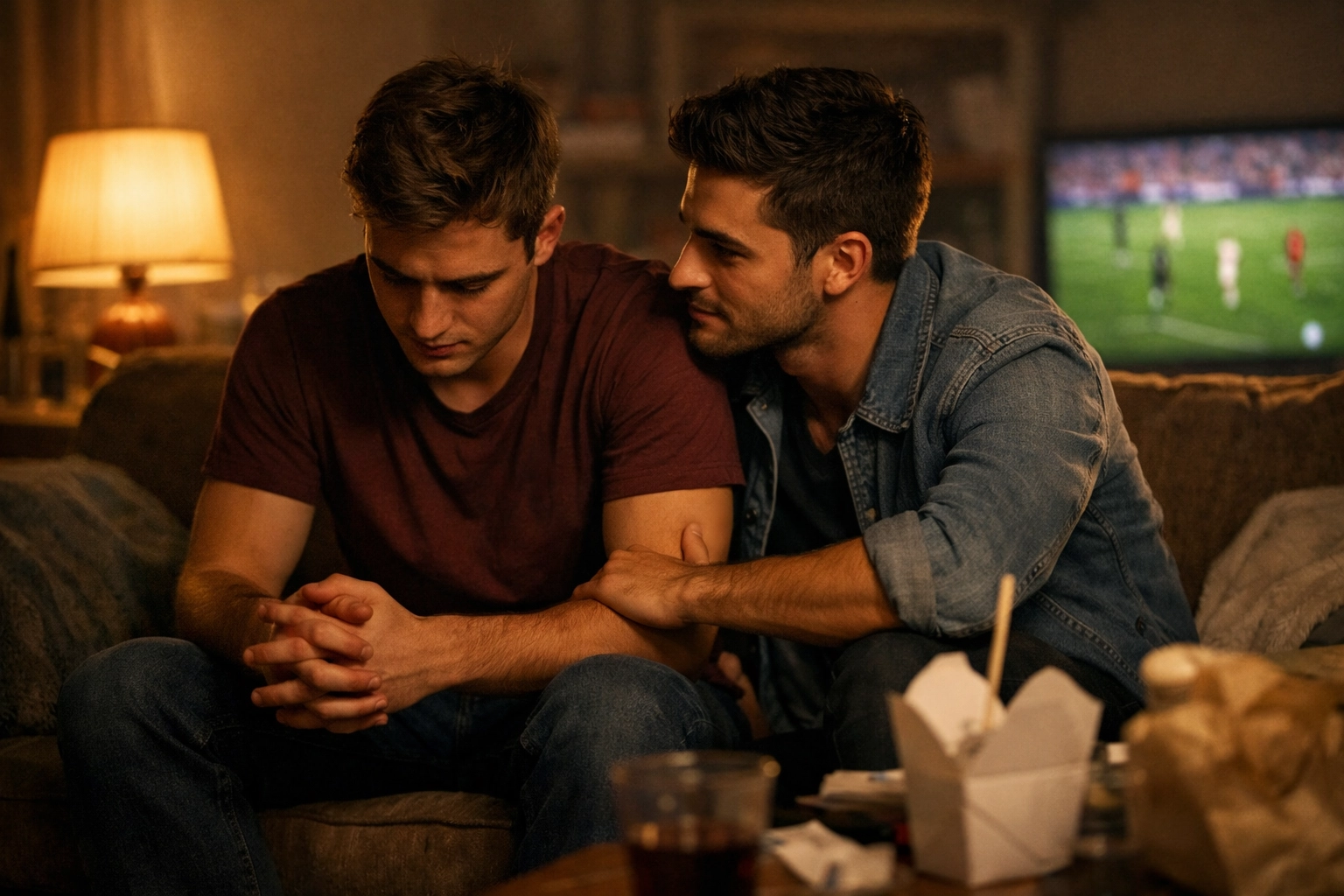Two male friends on sofa during vulnerable coming out conversation about being gay