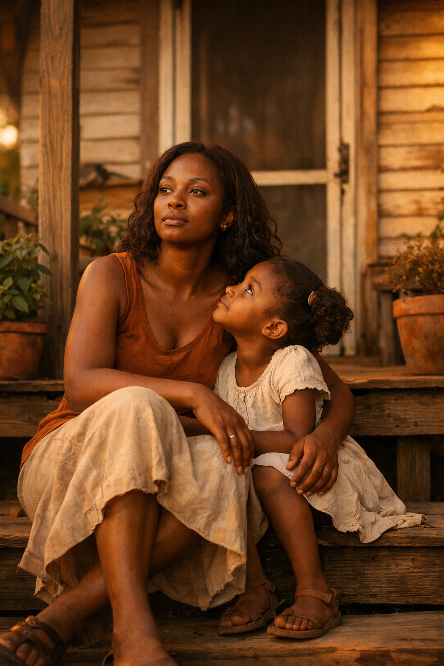 Black mother and daughter sharing a quiet moment on porch, reflecting generational bonds and family dynamics