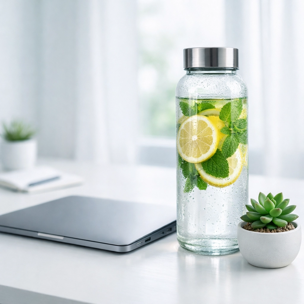 A lemon water bottle on a clean desk, illustrating sustainable nutrition and a supportive wellness environment.