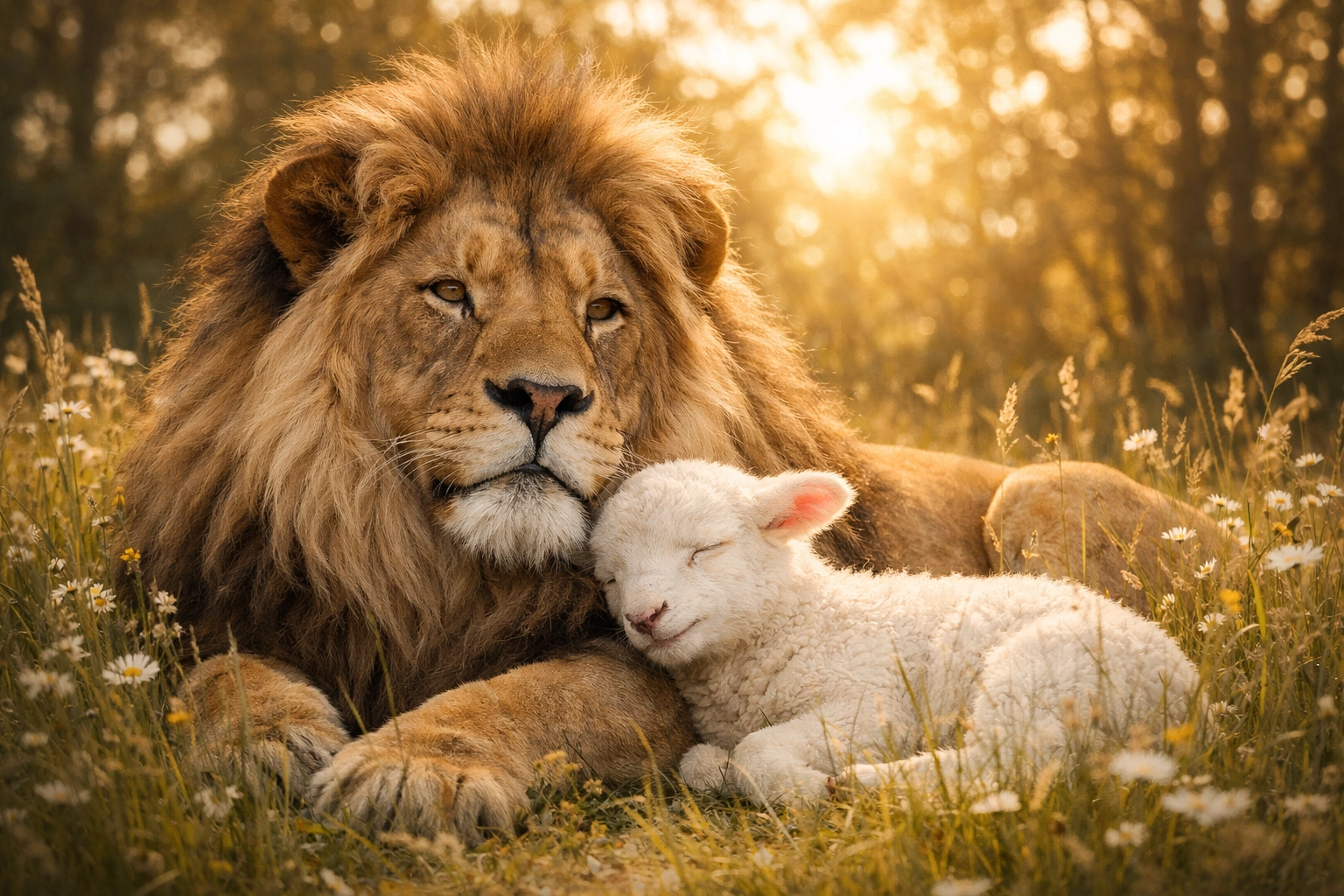 A lion and a lamb resting together in a meadow, illustrating the biblical vision of peace and harmony.