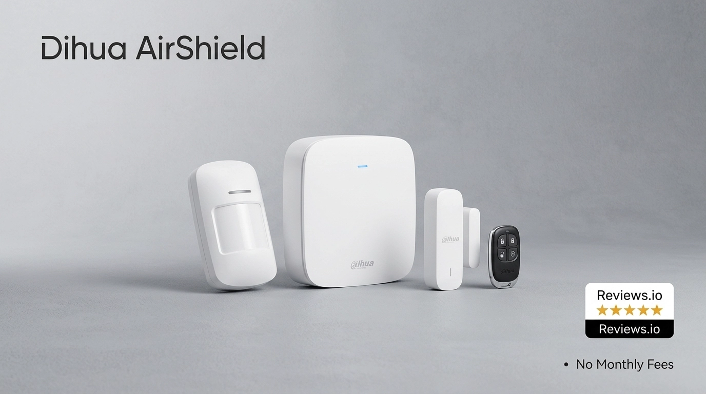 Dahua AirShield Professional Wireless Alarm Kit with i-Spy branding and Reviews.io 5-star trust signal