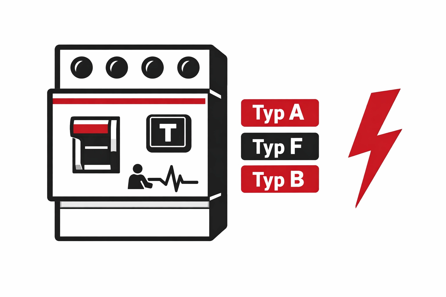 Illustration: FI‑Schutzschalter mit Typ A/F/B Badges für E‑Befund 2026 (Elektro‑Zentrum CI)