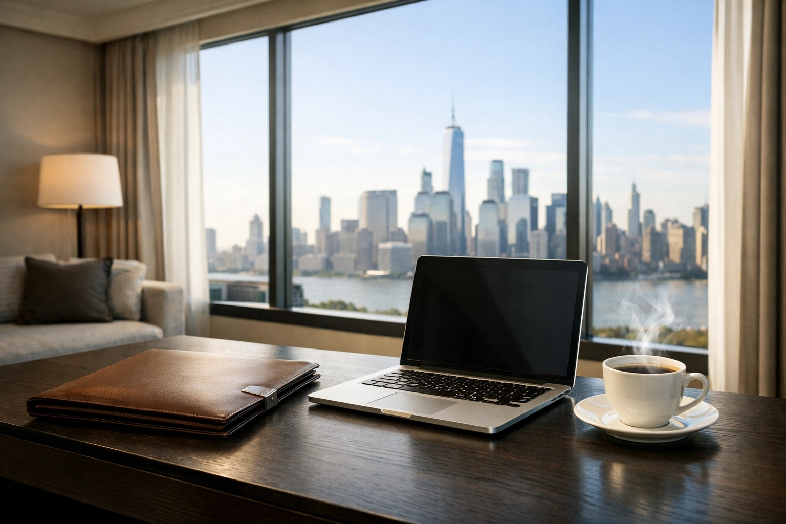 Luxury hotel suite desk setup for executive travelers attending high-stakes corporate events.