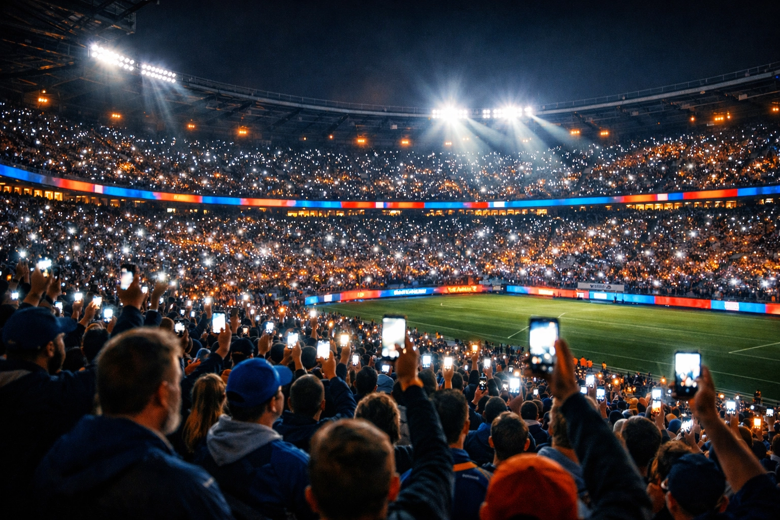 Stadium crowd holding smartphones creating engagement during live sporting event