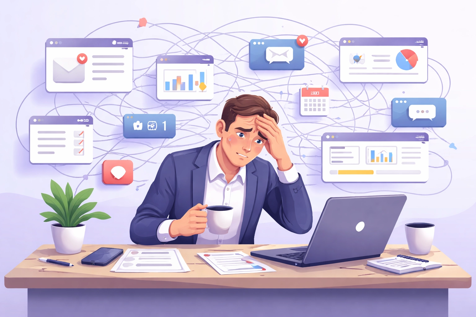 A business owner overwhelmed by multiple app windows and tangled connections, illustrating the challenges of managing fragmented HR, CRM, and project tools.