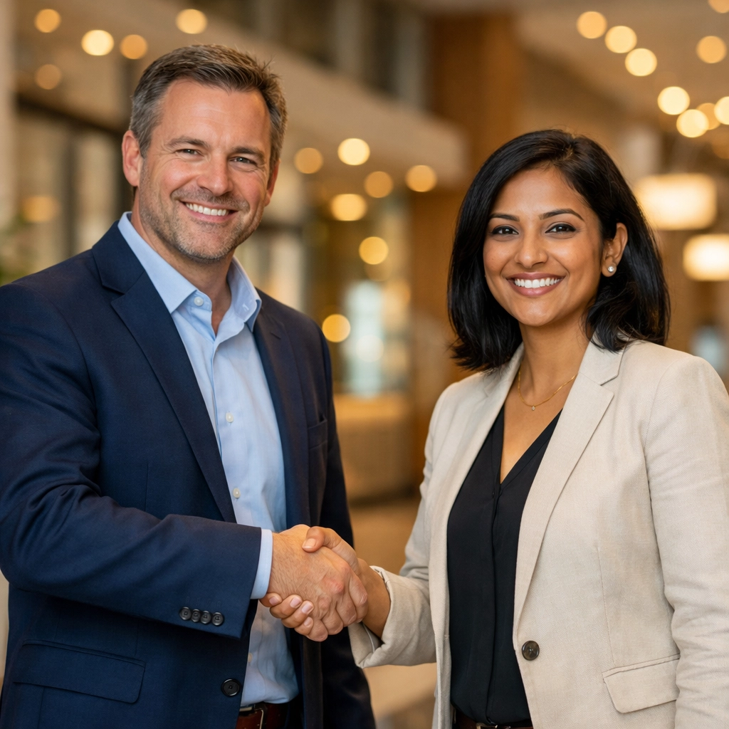 Business partners shaking hands to celebrate a successful ServiceNow ITOM license audit and cost reduction.