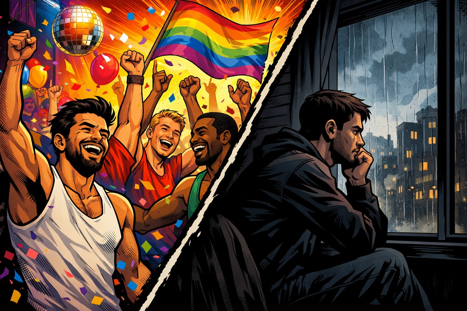 Gay community contrast: celebration versus solitary introspection in 1970s