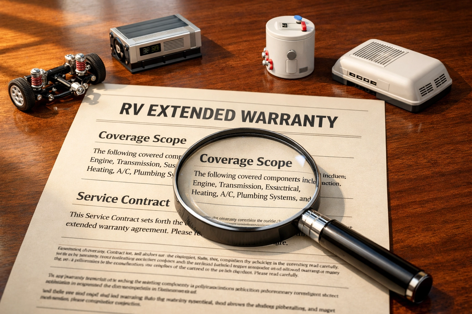 RV extended warranty document with magnifying glass examining coverage terms and service contract details