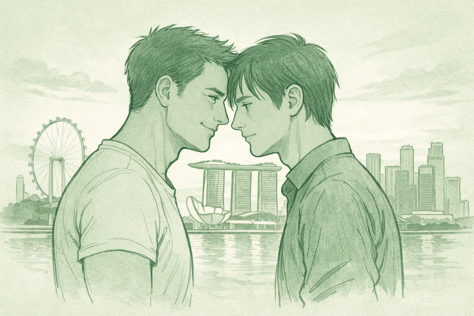 Gay couple intimate moment against Singapore skyline representing coming out journey