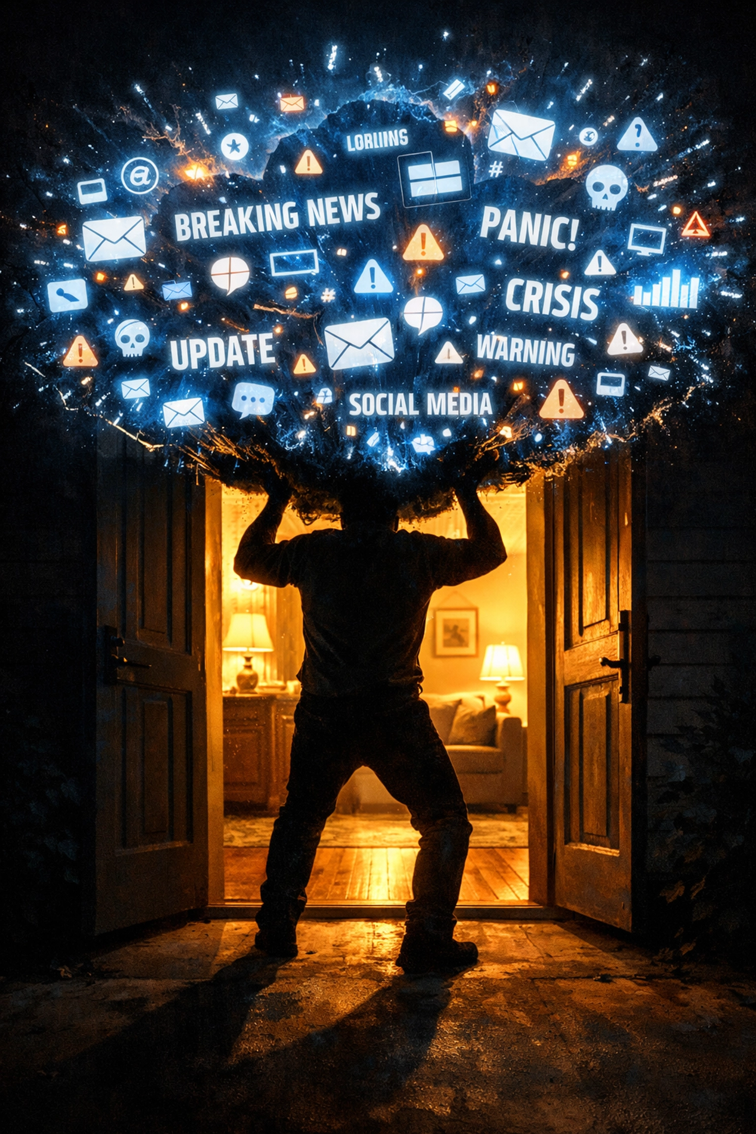 Person carrying digital news burden at doorway entering peaceful home interior