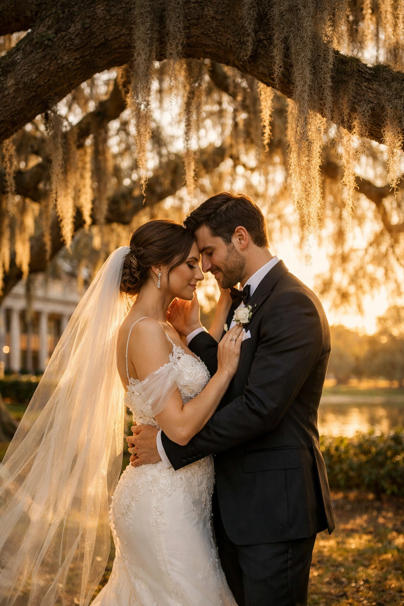 A stunning golden hour portrait showcasing professional wedding photography insights at a scenic estate.