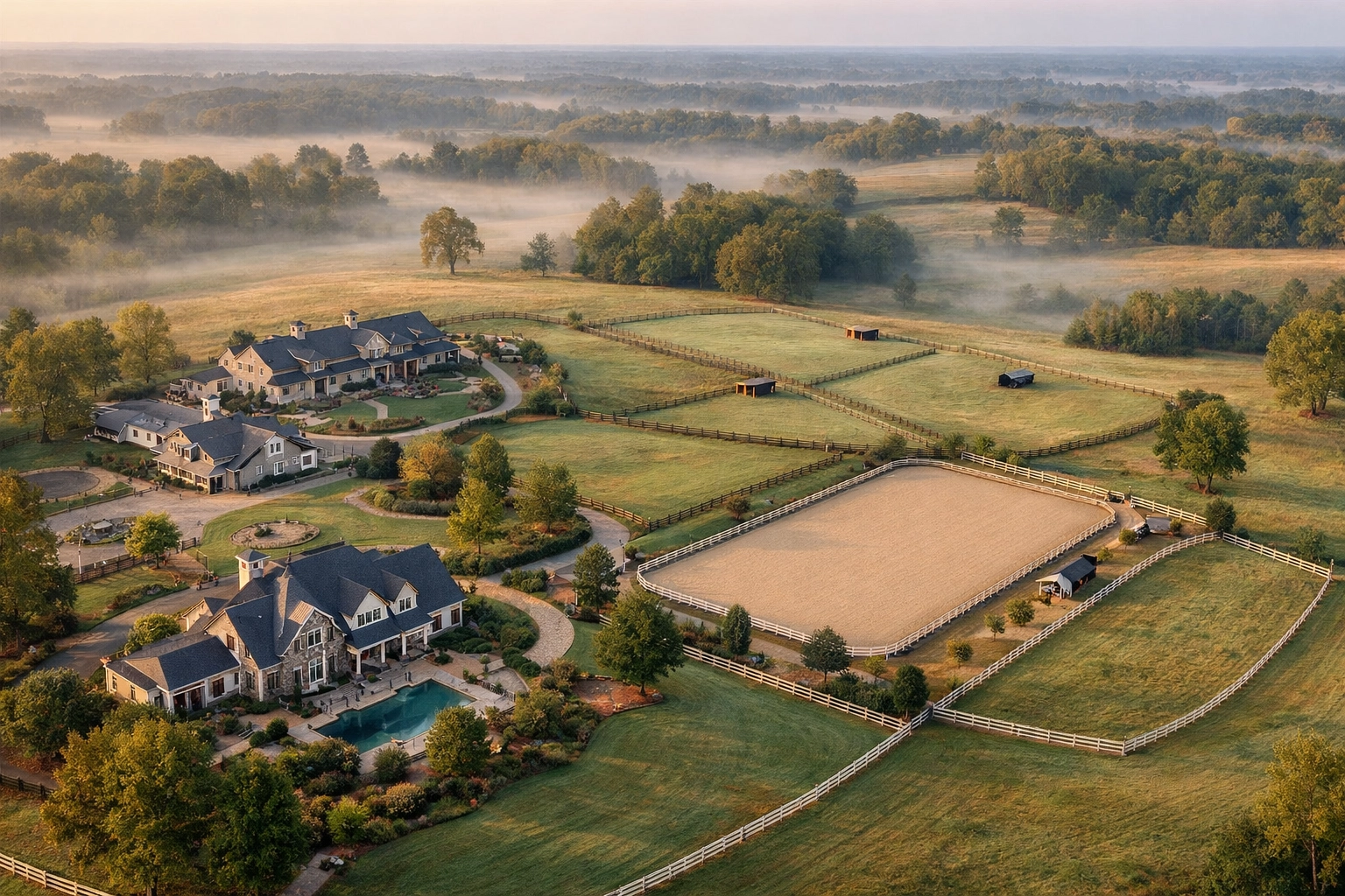 Complete equestrian estate layout in Davidson NC showing barn, arena, and pastures from above