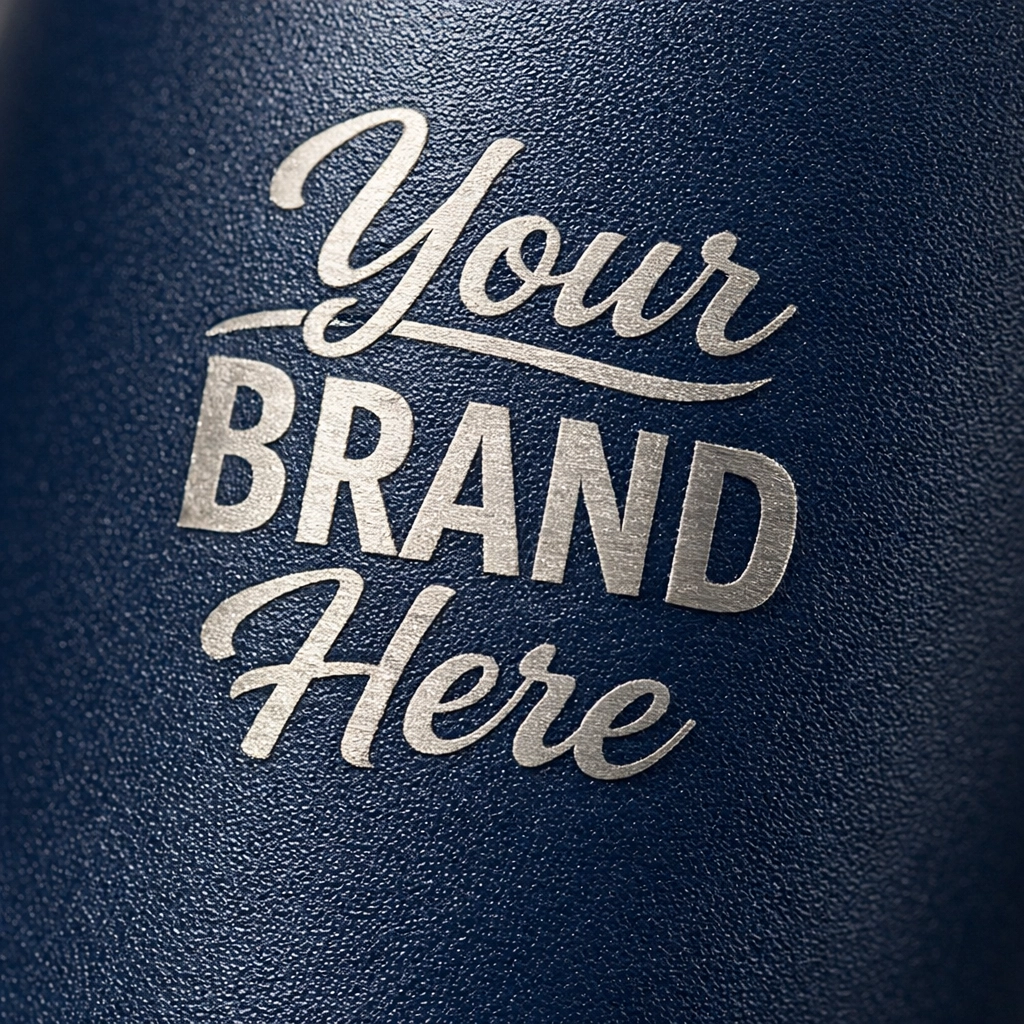 Close-up of a laser engraved logo on a blue stainless steel tumbler, highlighting precision branding.
