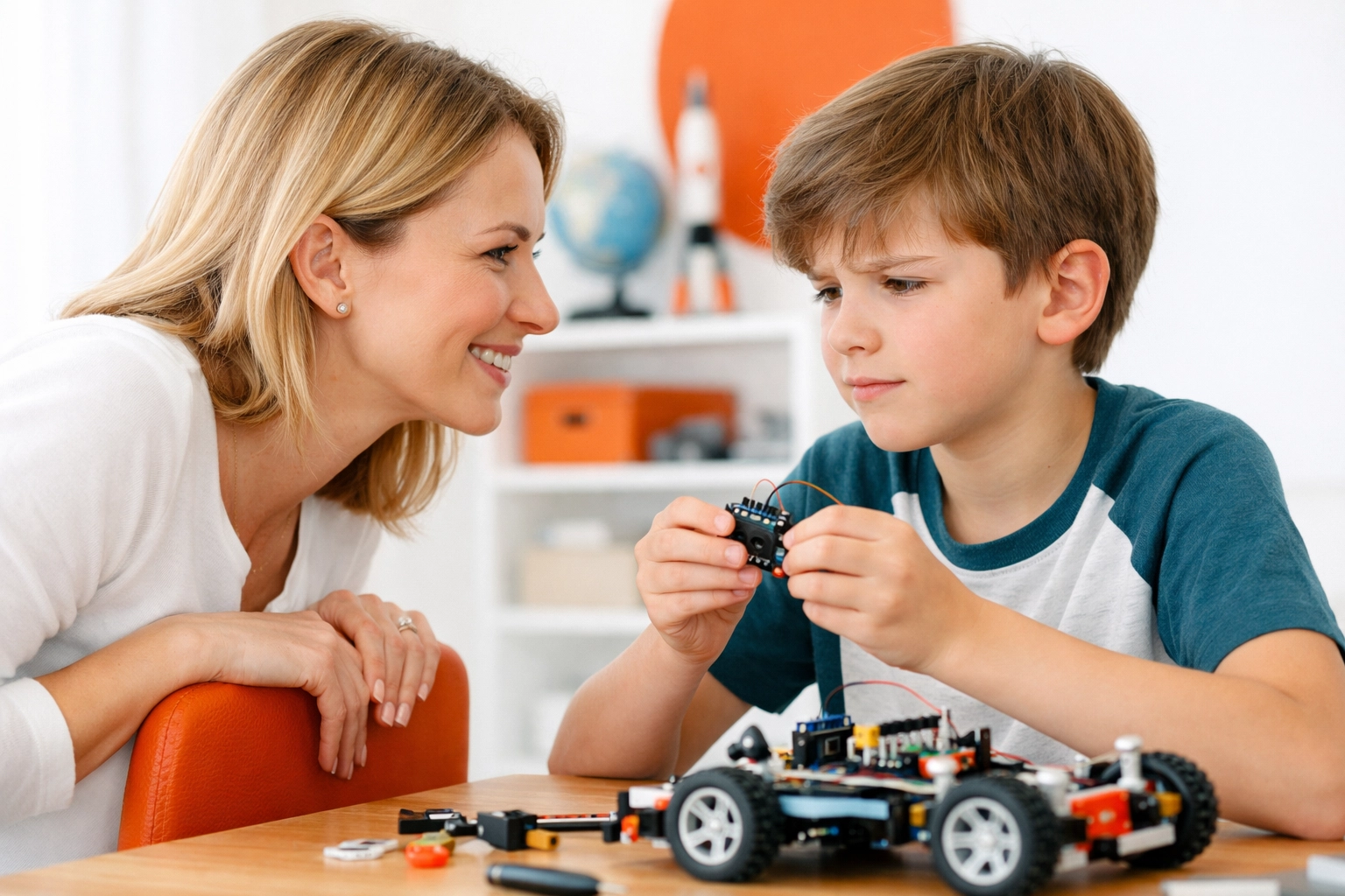 A parent coaching a child through a problem-solving task to foster independence.