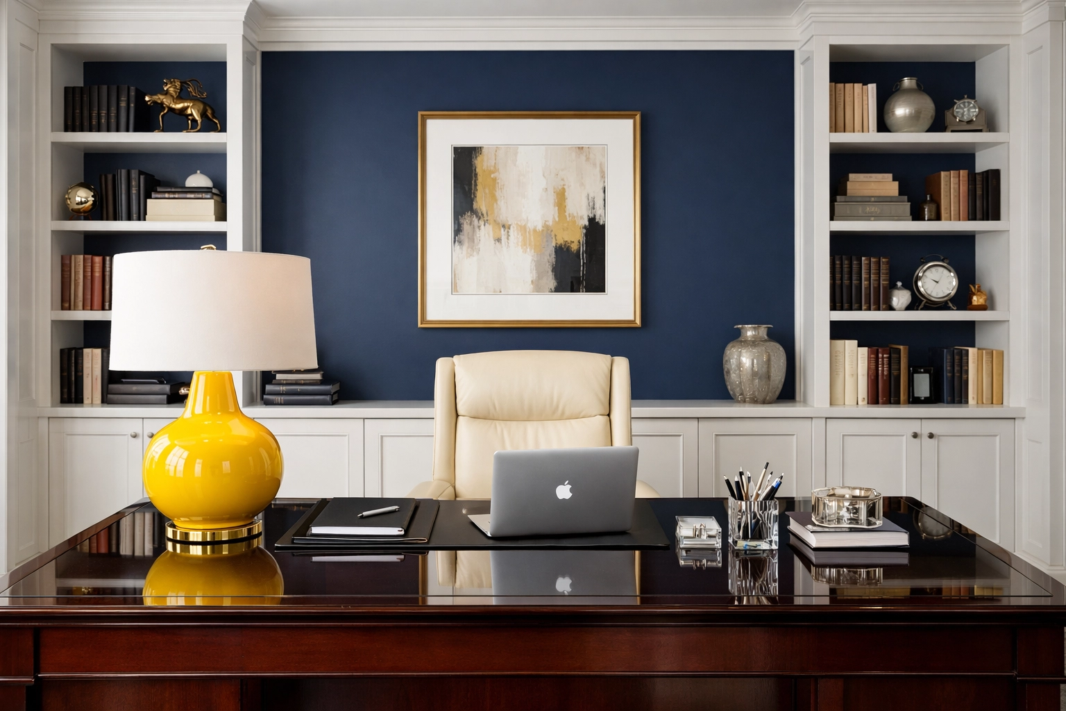 Professional cleaning of a sophisticated Milton estate home office with polished surfaces and organized desk.