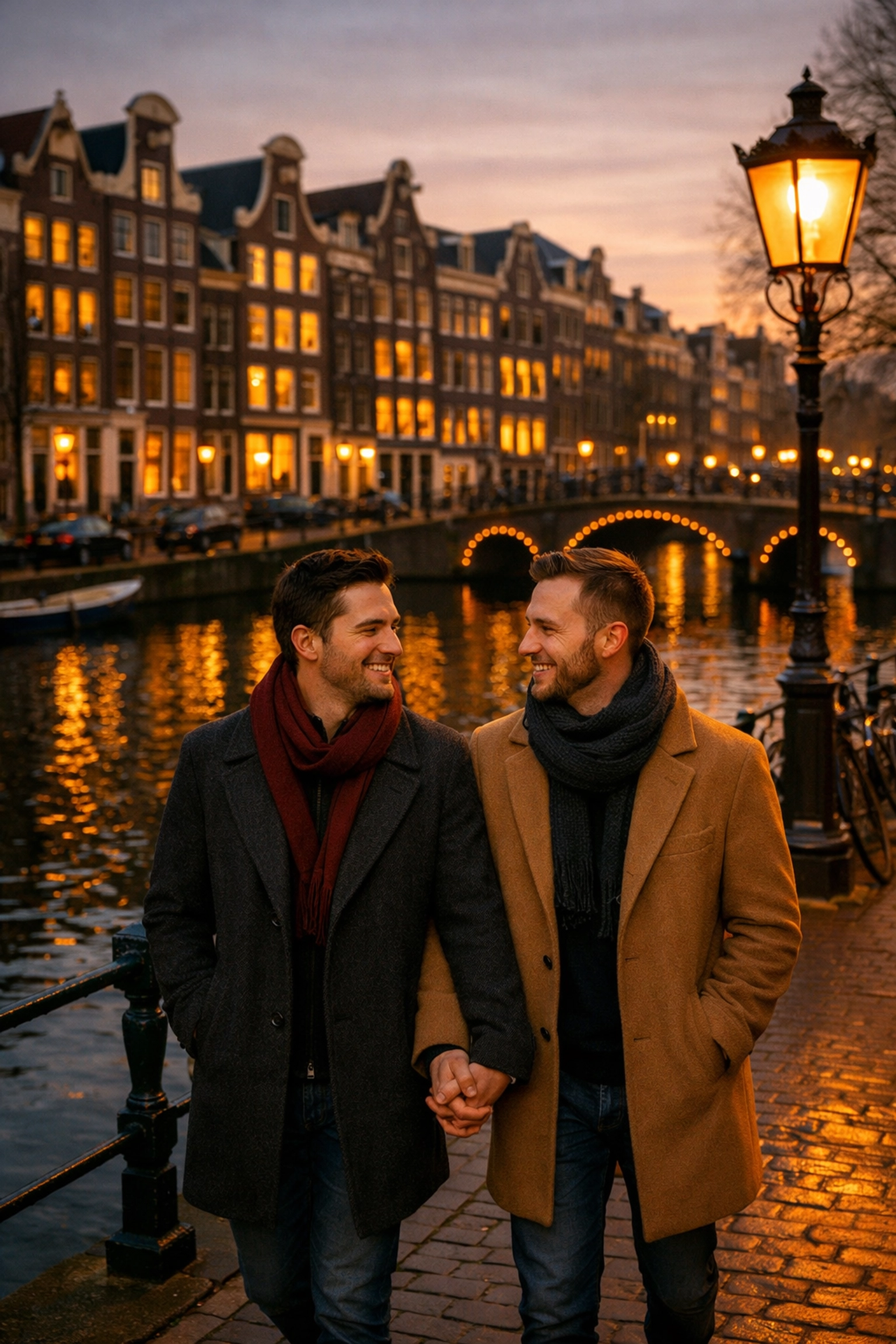 Gay couple walking hand-in-hand along Amsterdam's Prinsengracht canal at sunset in winter