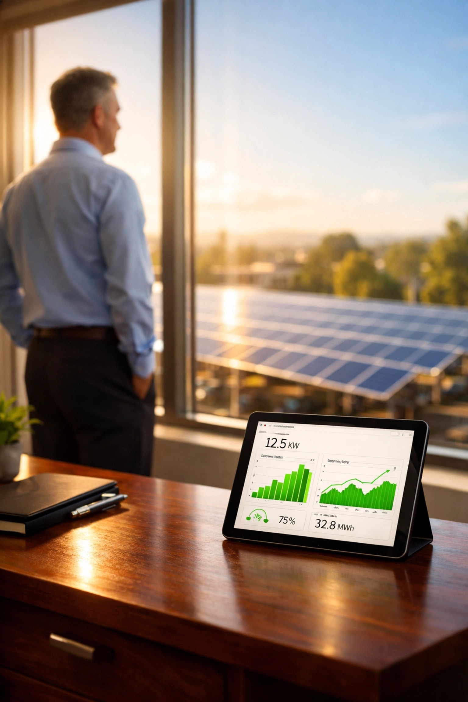 Business owner tracking solar energy savings and commercial ROI on a modern digital dashboard.