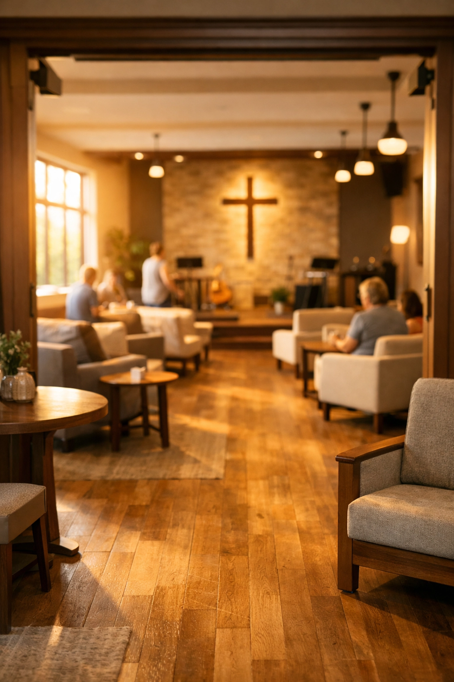 Warm, welcoming church interior with natural light and comfortable seating
