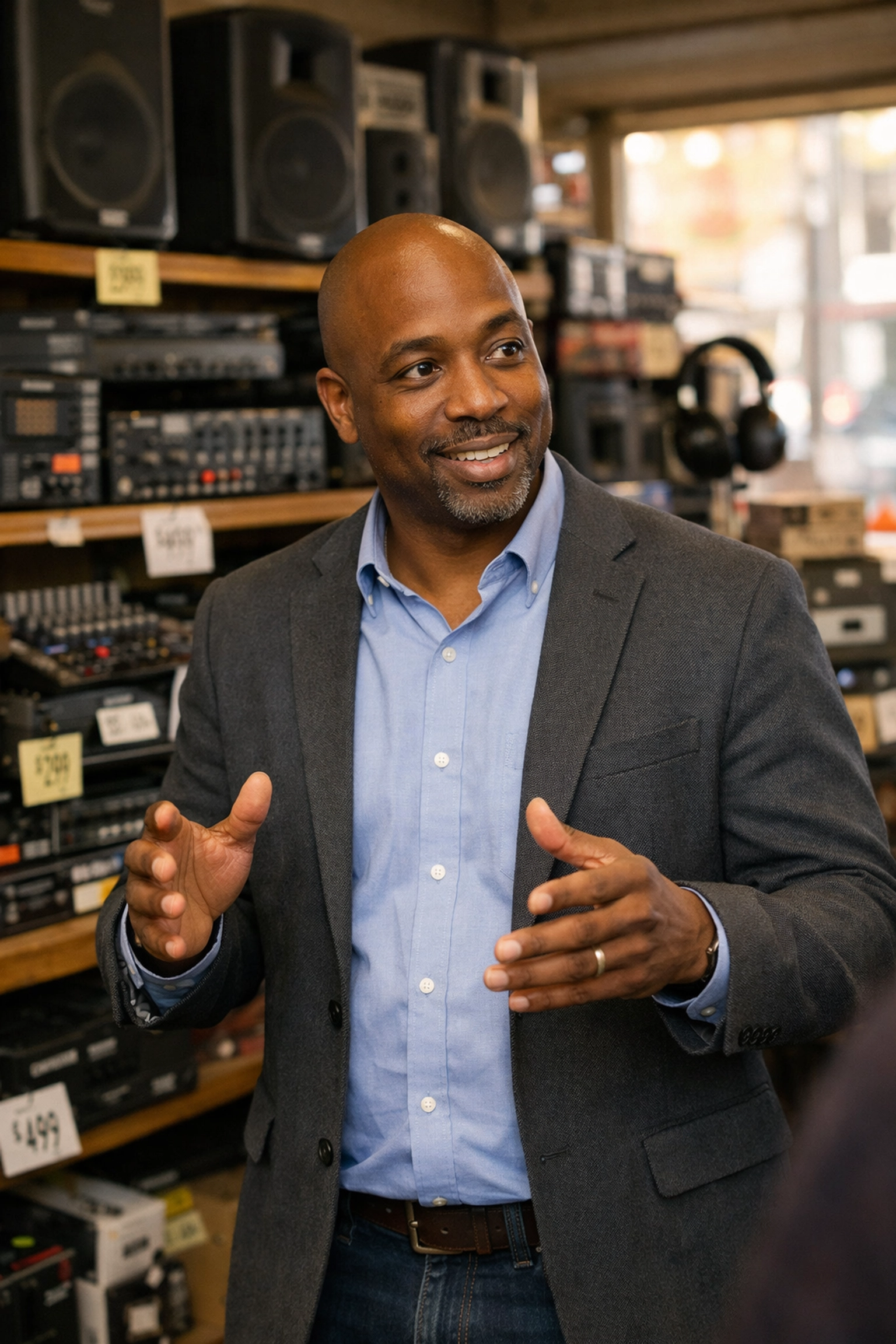 Black business owner serving customers in local electronics shop