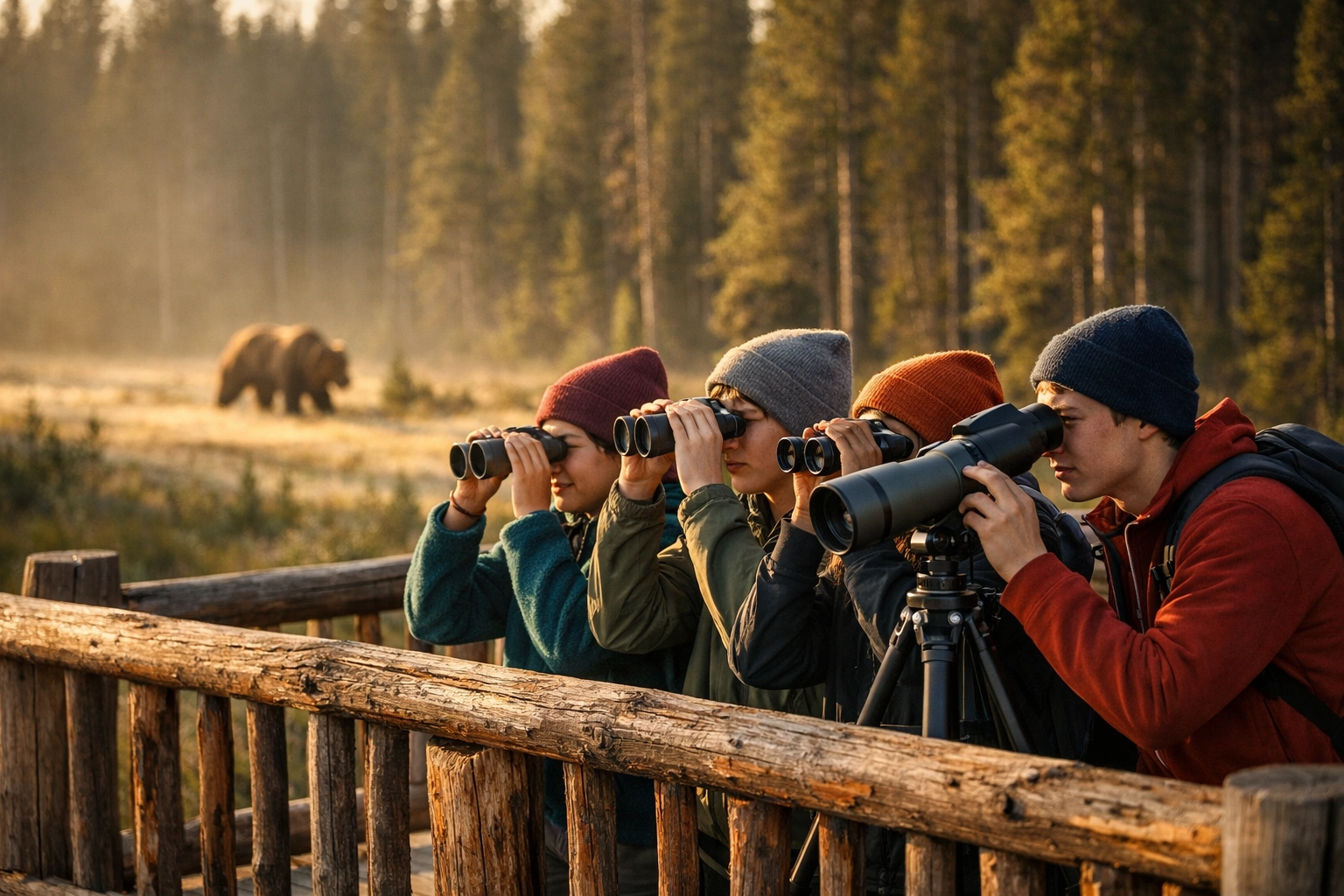 High school students observing a grizzly bear during a Yellowstone wildlife study program in West Yellowstone.