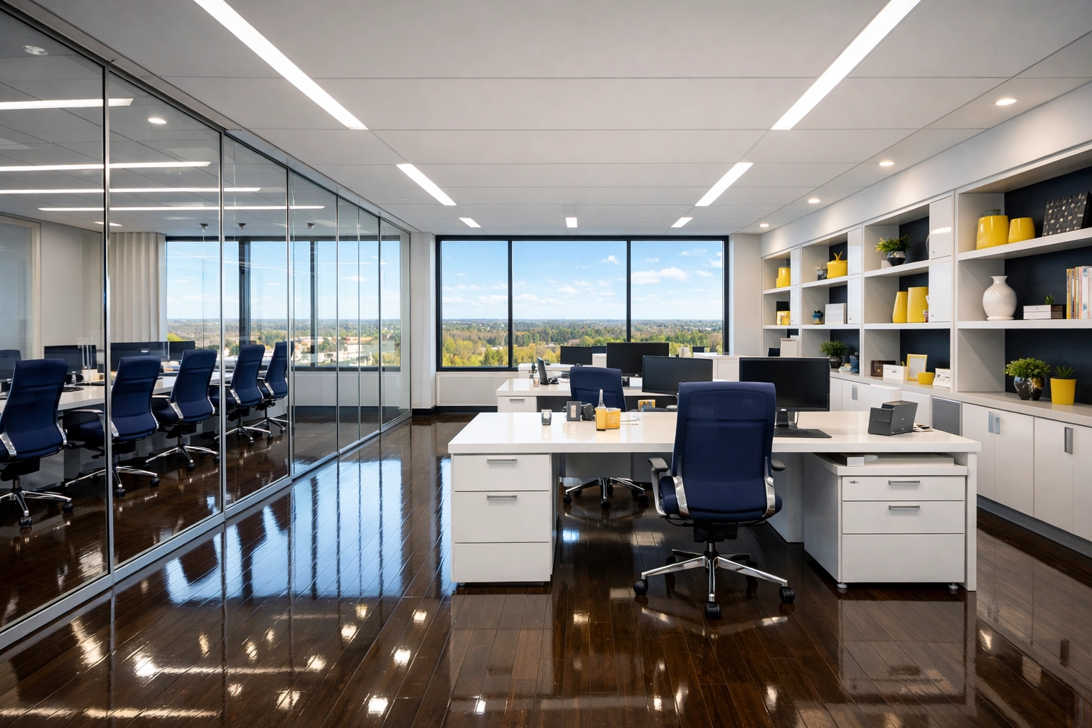 A sanitized and organized Westborough office space following a professional commercial cleaning service.