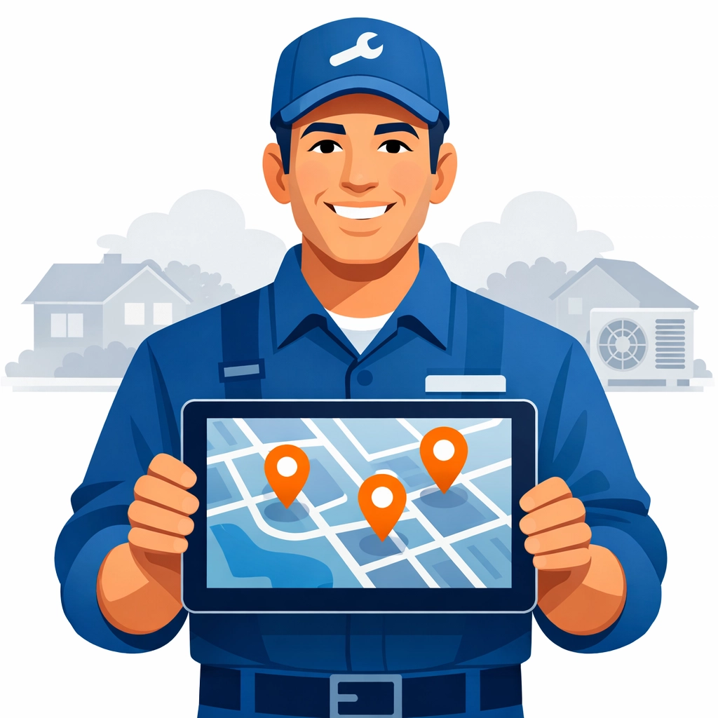 HVAC technician using a tablet to manage local service areas and improve community-based SEO.