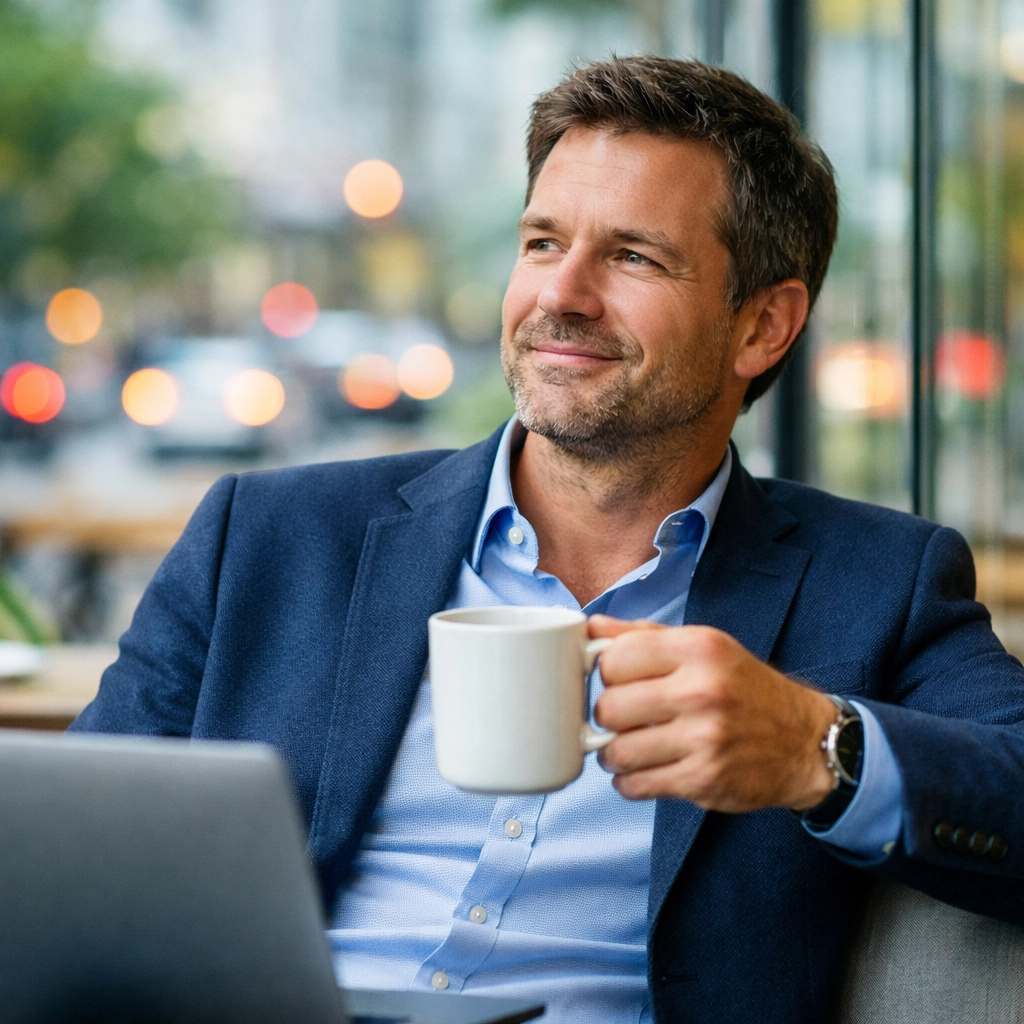 Successful business founder enjoying time freedom gained from implementing AI business automation systems.