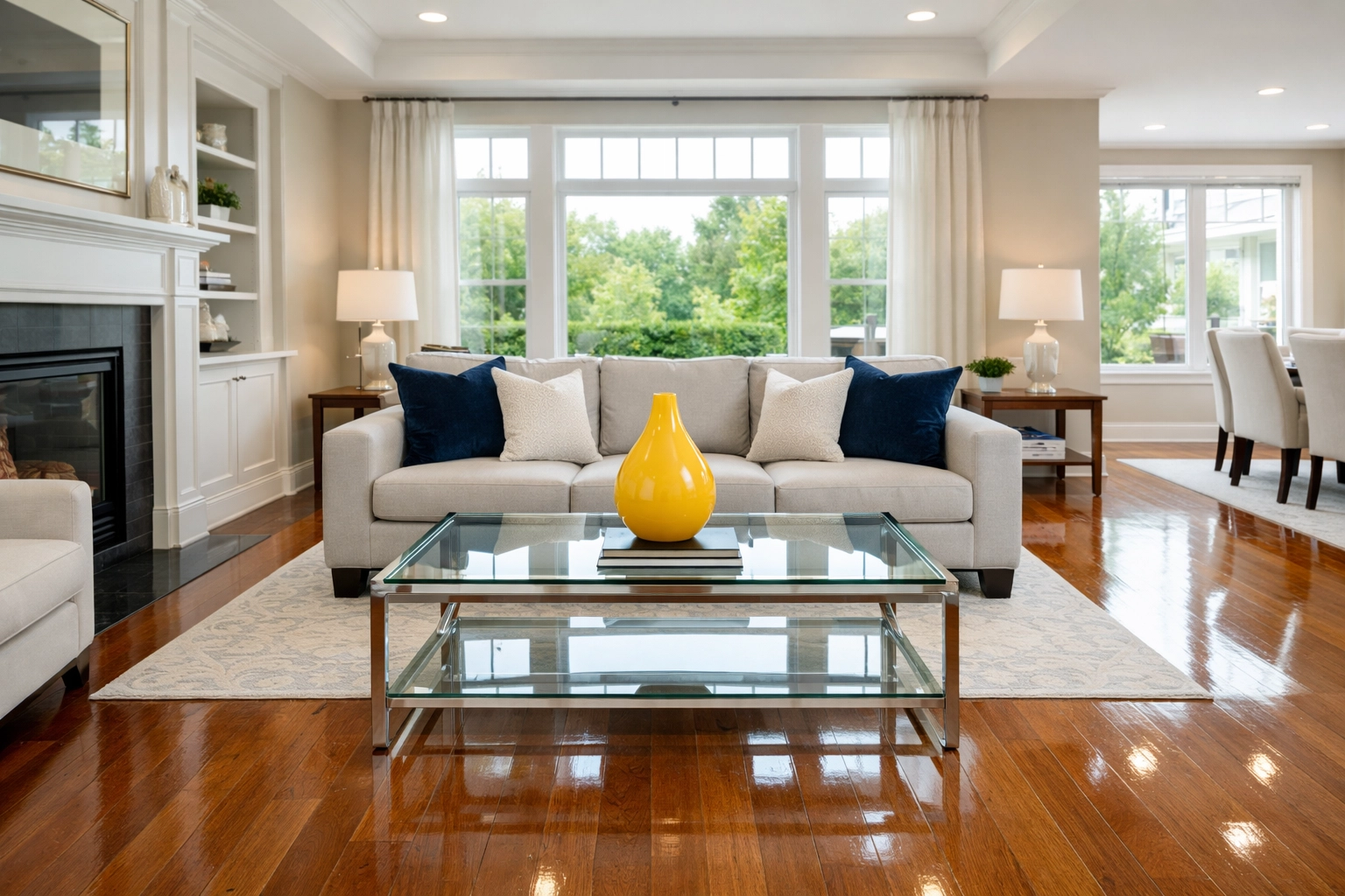 A spotless and organized luxury living room in the MetroWest South region following professional house cleaning.