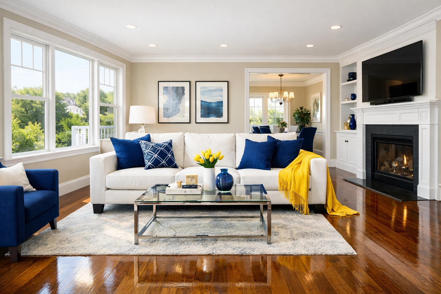 Clean Worcester MA living room with polished floors, showing the results of professional maid services Worcester.