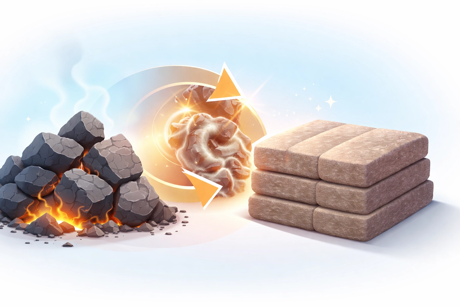 Illustration showing how volcanic rock is transformed into Rockwool mineral wool insulation for UK homes.