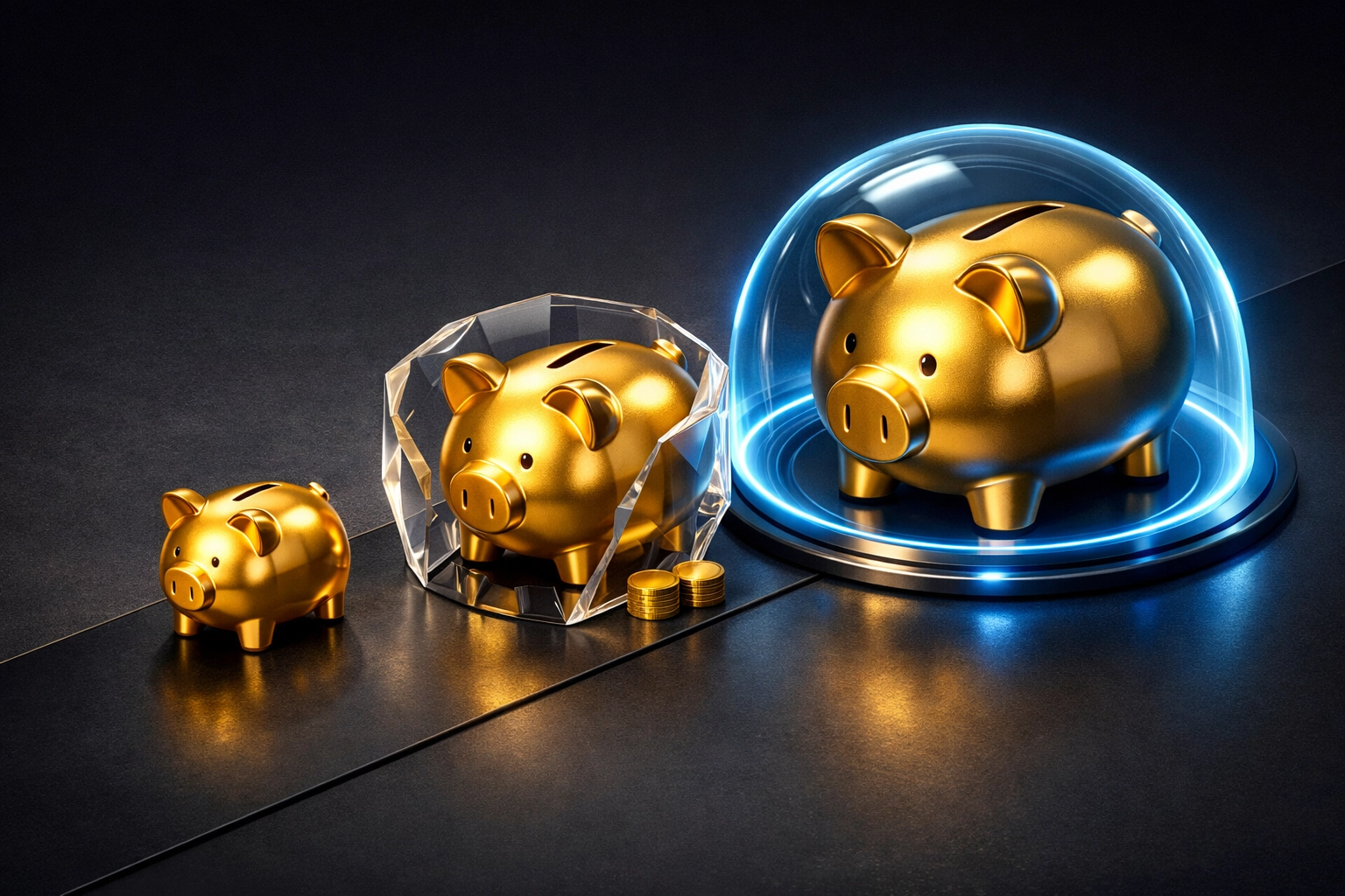 Three golden piggy banks under protective domes showing tiered emergency fund goals for financial security.