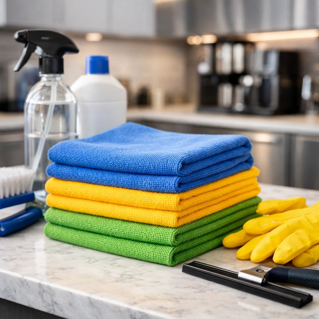 Professional cleaning supplies and color-coded cloths on a clean counter in a modern Indianapolis office.