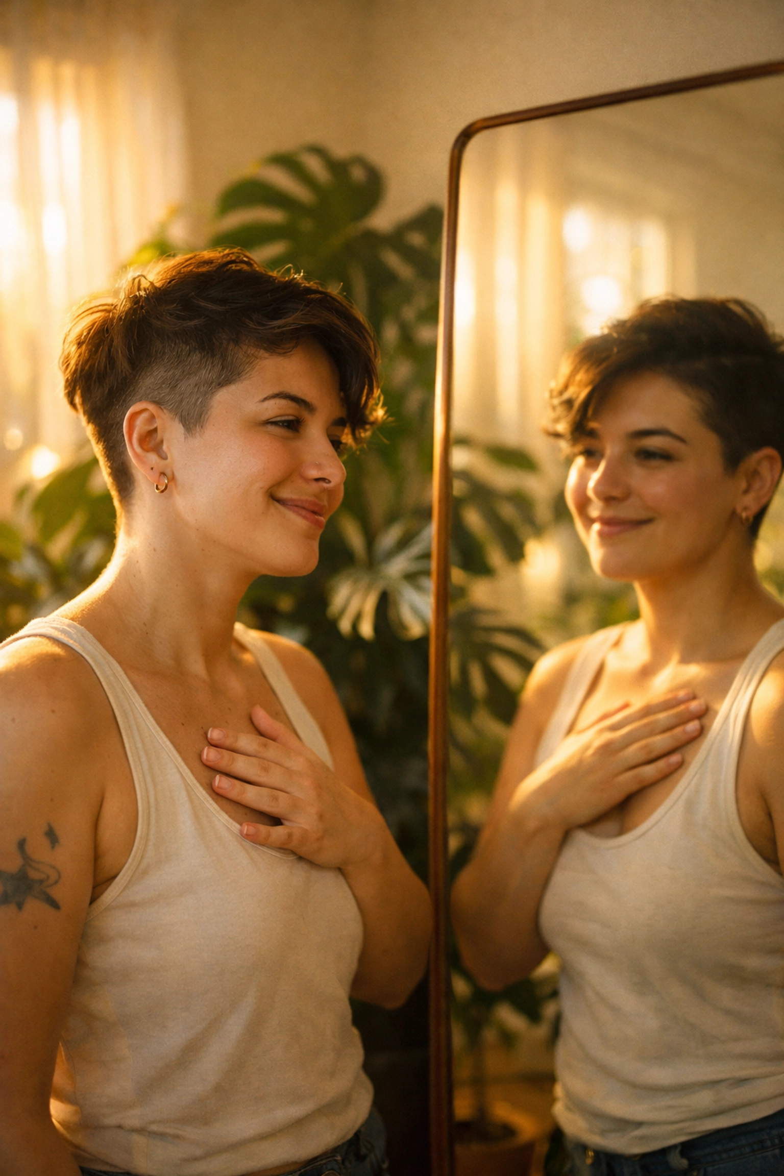 Non-binary person practicing gender-affirming mirror work and self-love in a sunlit bedroom.