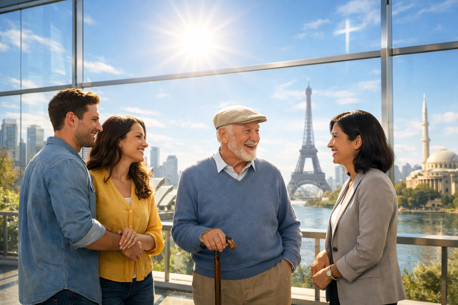 Diverse people connecting in a modern space, showing the global reach of Boundless Online Church.
