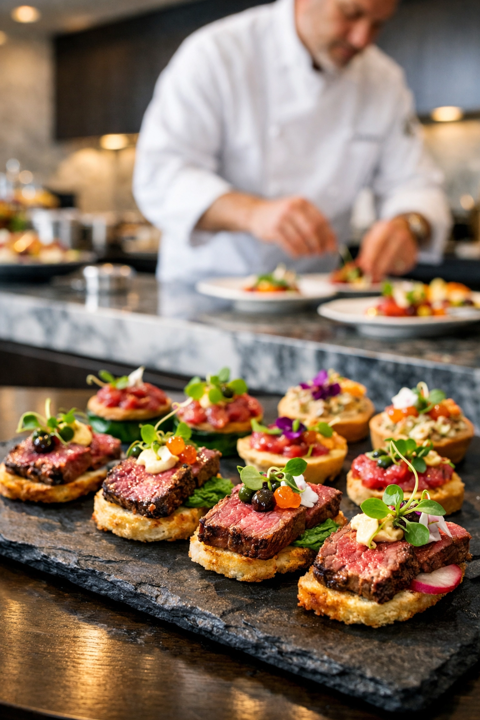 High-end corporate catering and gourmet appetizers for a Super Bowl VIP hospitality experience.