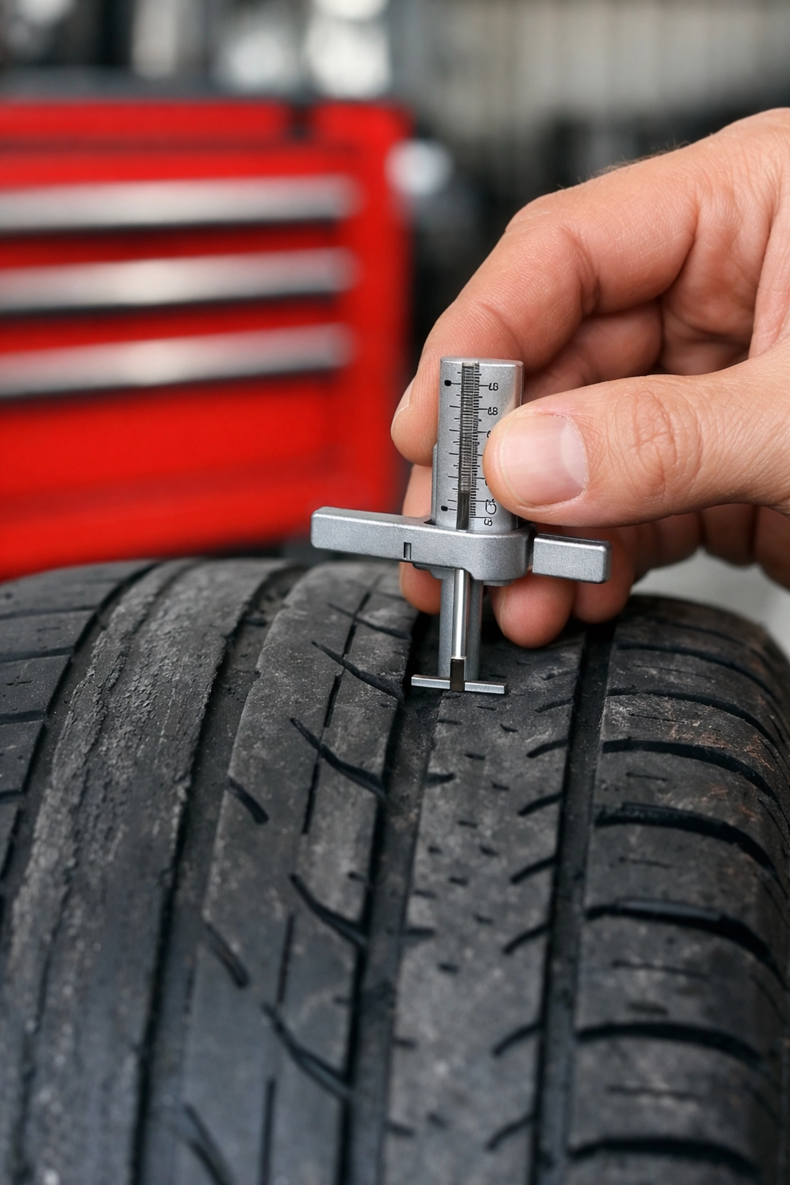 Technician inspecting uneven tire wear caused by poor wheel alignment in Aliso Viejo.