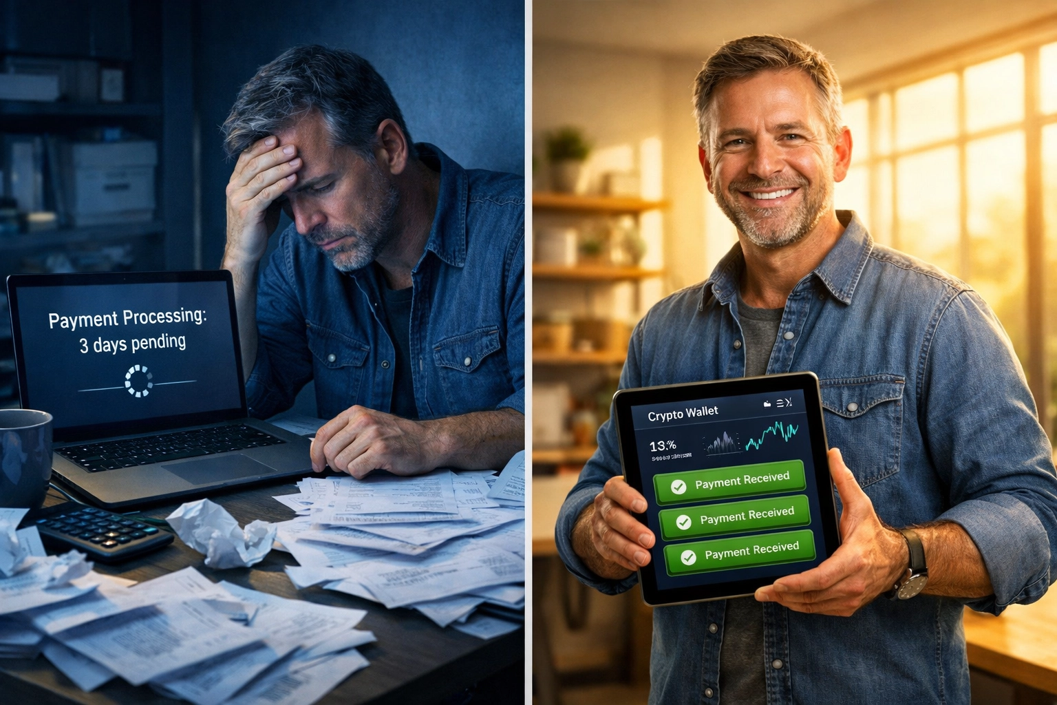 Small business owner transformation: stressed with delayed payments versus confident with instant crypto settlement