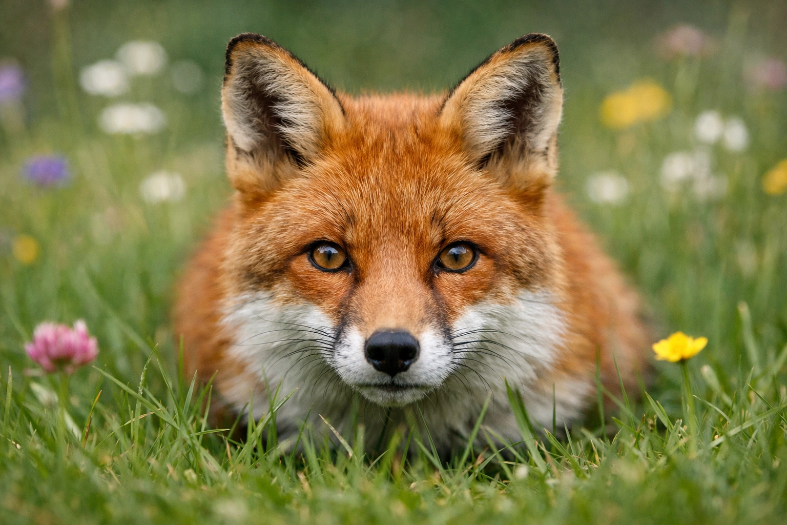 A red fox photographed at eye level in a meadow, demonstrating intimate wildlife composition.