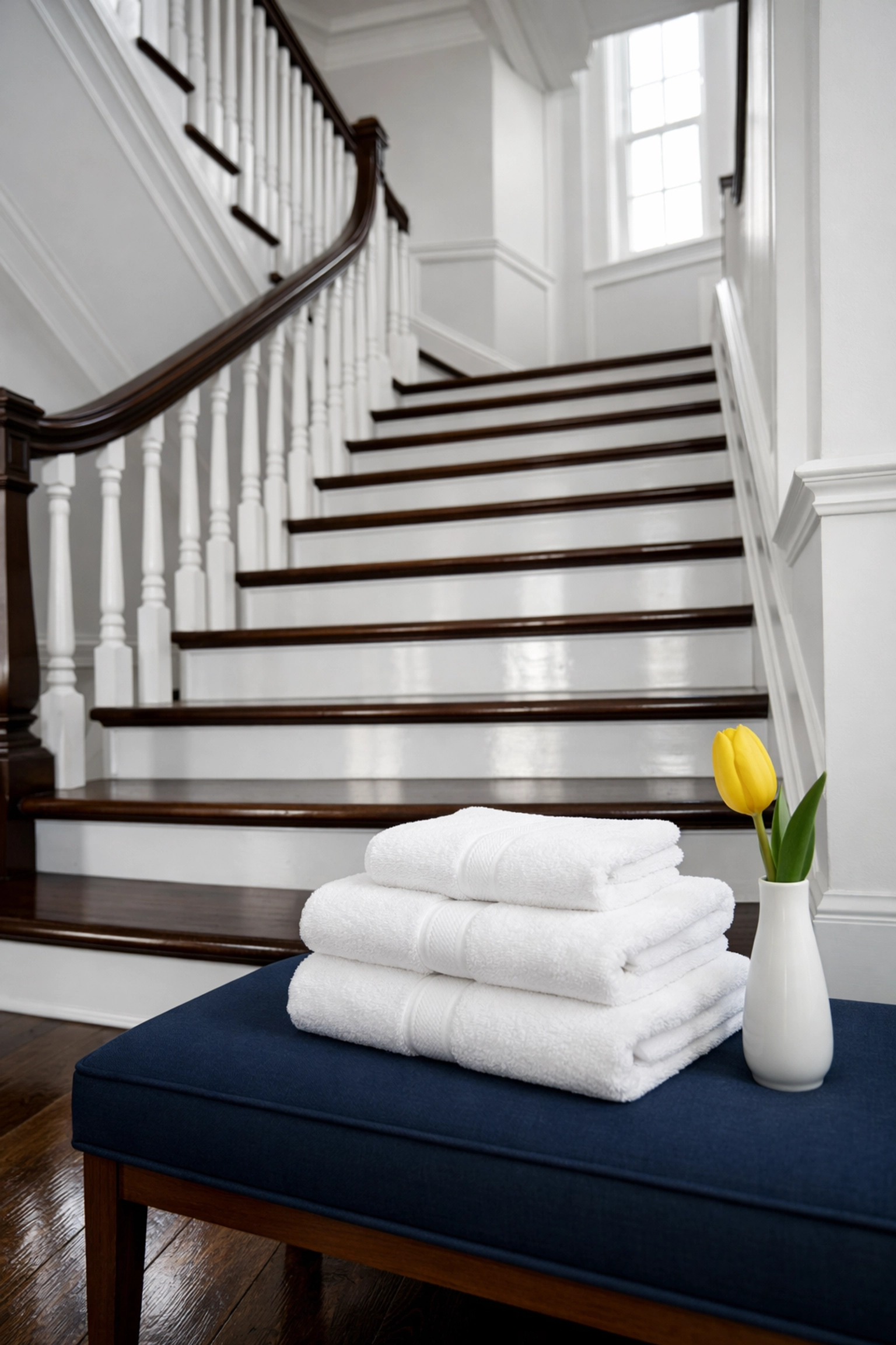 Polished wood staircase in a Lincoln residence reflecting professional cleaning results.