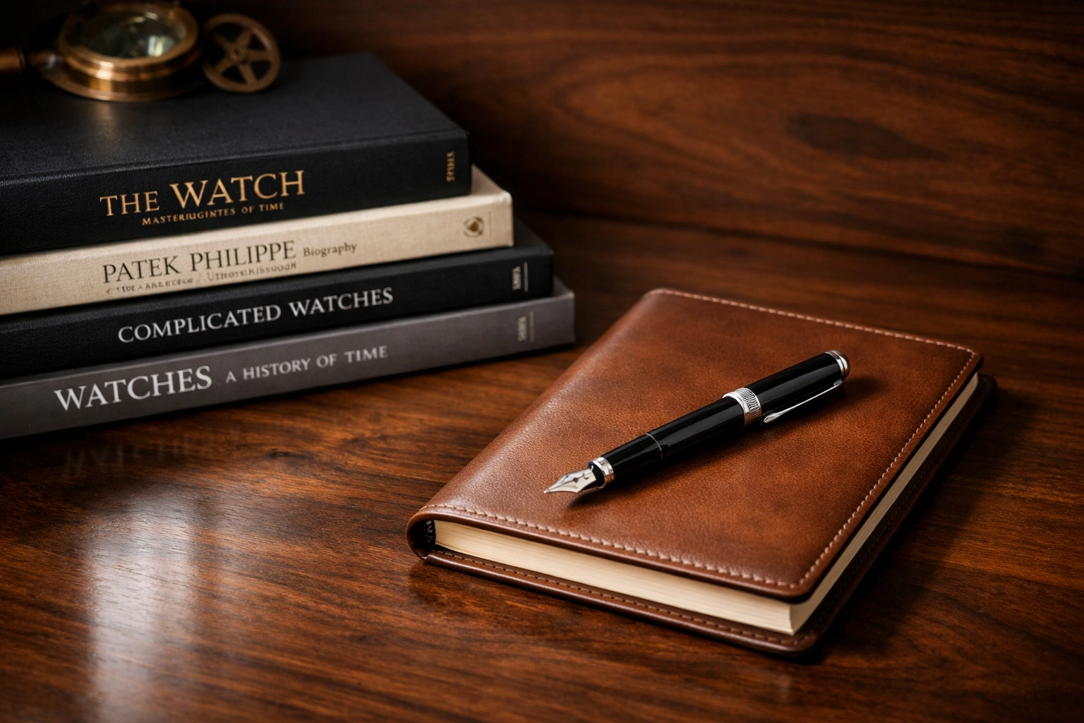 Collector's desk with horology books and a notebook for researching a pre-owned Rolex purchase.