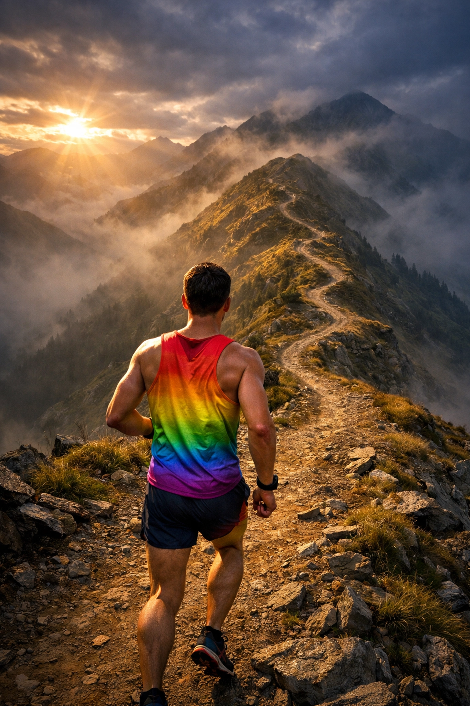 Solo runner on mountain trail at dawn representing life's marathon journey