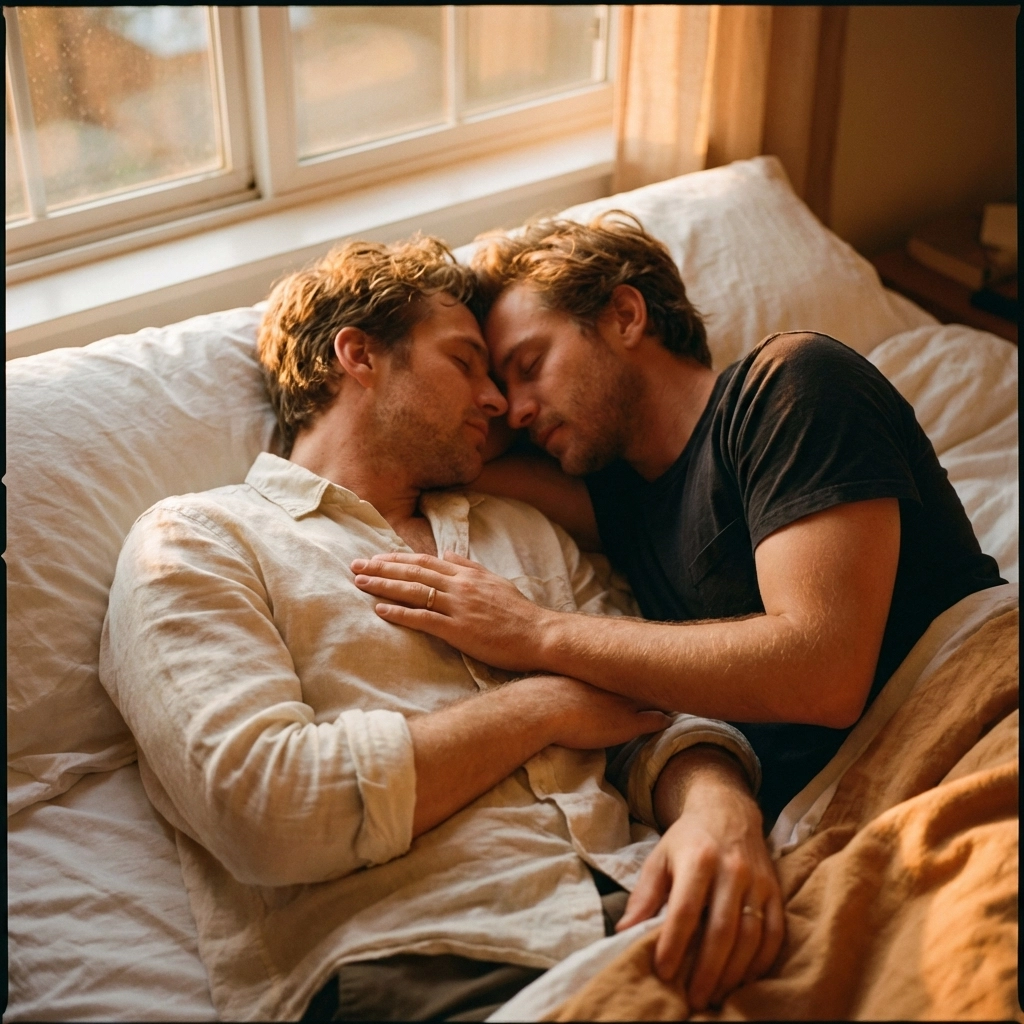 Two men in intimate embrace demonstrating romantic synchronicity and connection