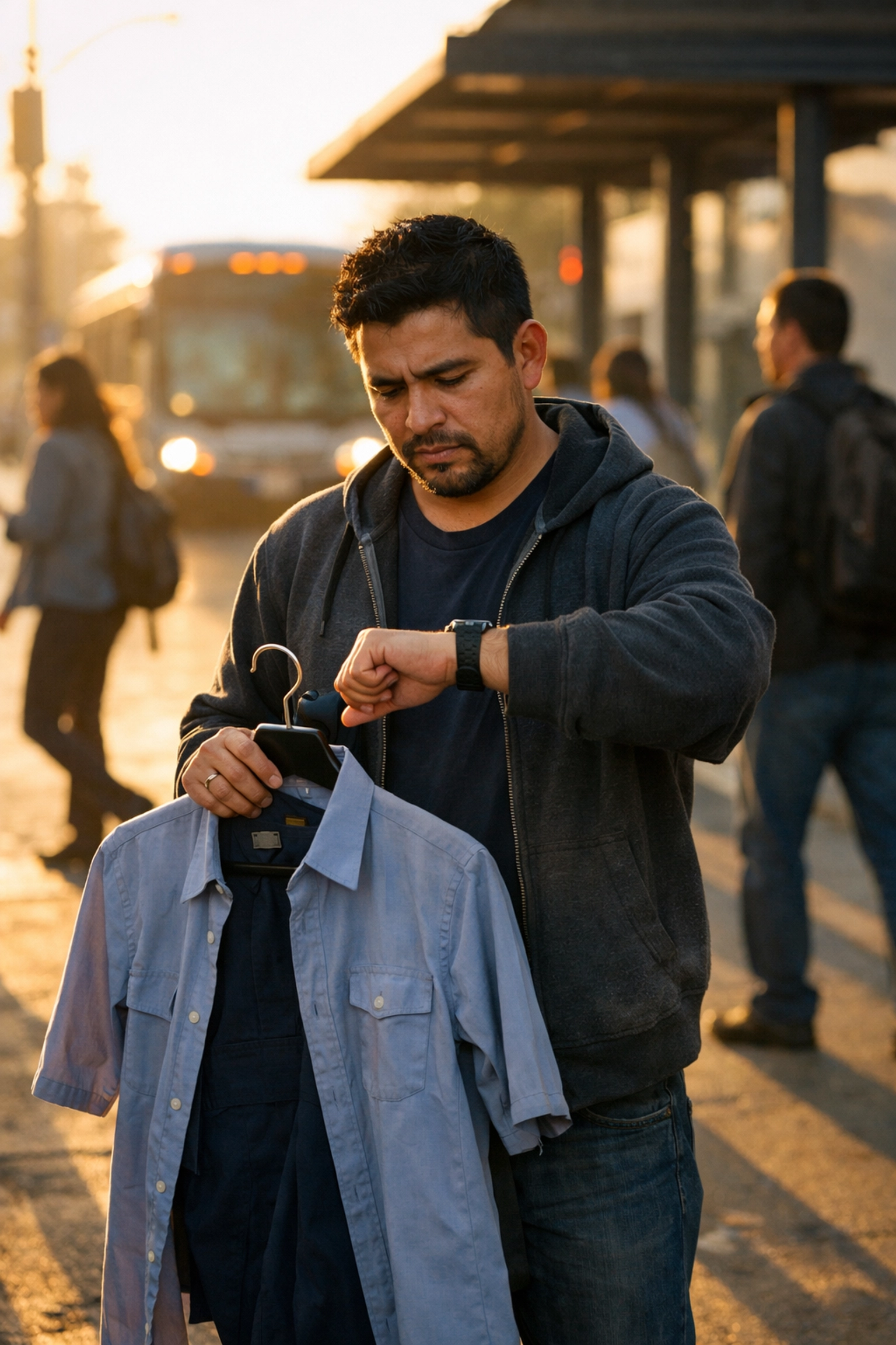Person commuting to work with uniform, managing re-entry transportation and time barriers
