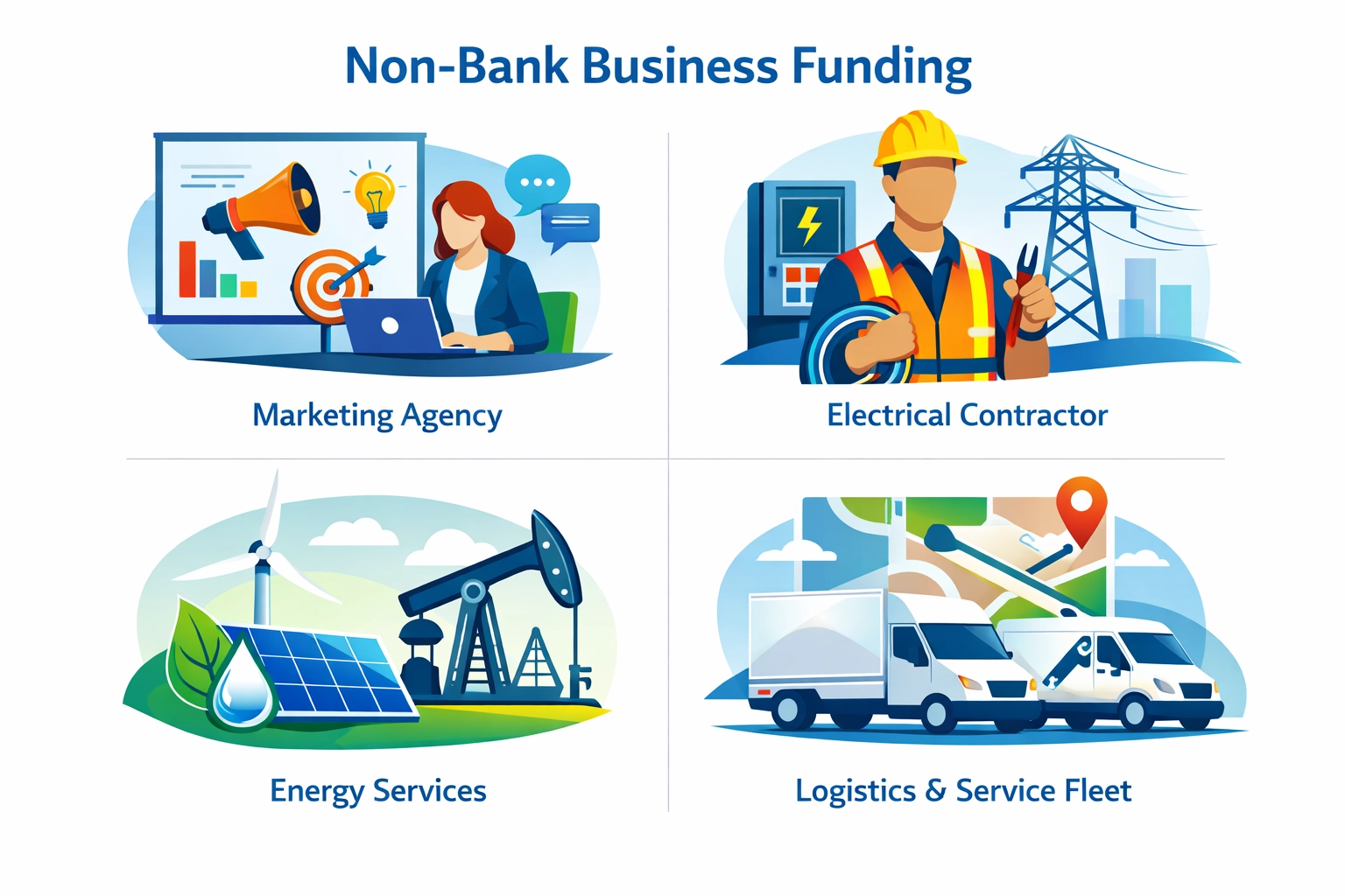 Industry icons showing diverse sectors using non-bank business funding and cash flow solutions.