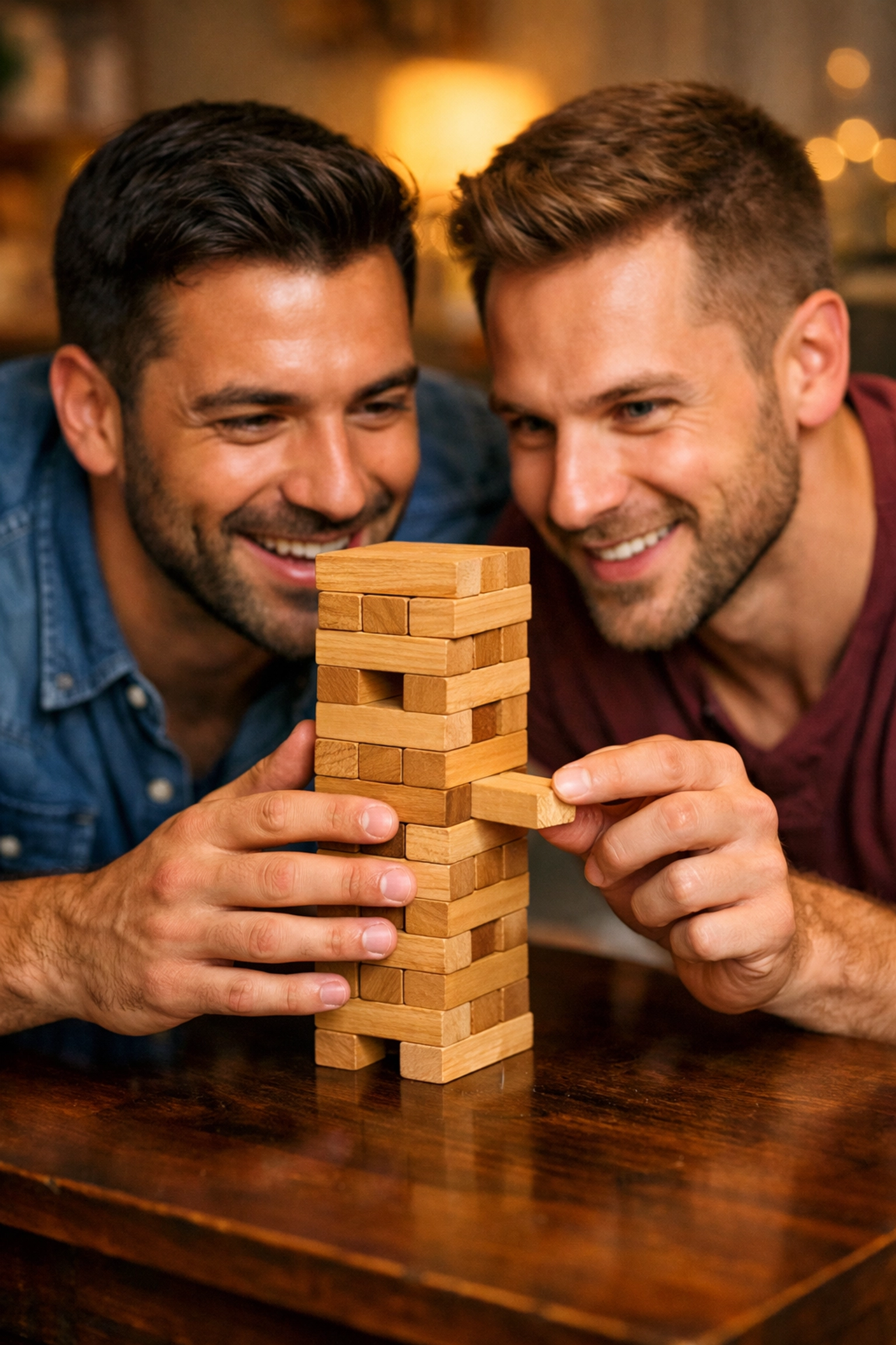 A queer couple playing a playful wooden block sex game to increase intimacy and bedroom fun.
