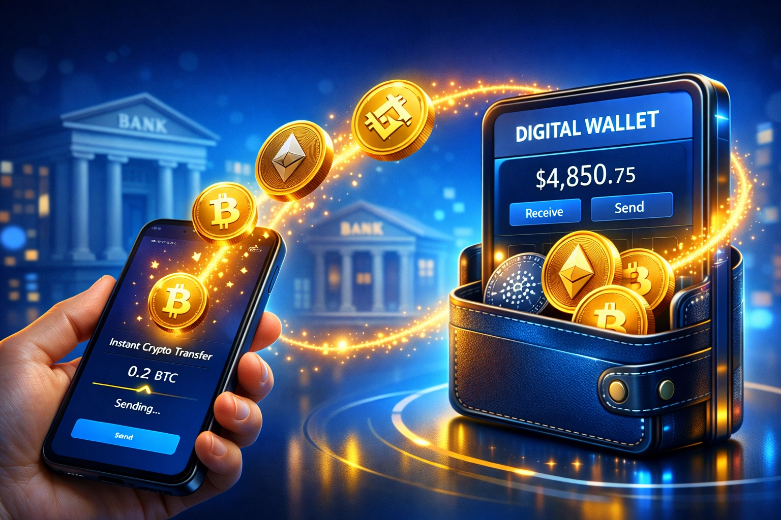 Cryptocurrency flowing directly from customer phone to merchant wallet bypassing traditional banks