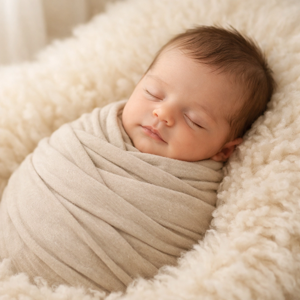 A peacefully sleeping newborn baby swaddled in a neutral wrap at a Northern Beaches photography studio.