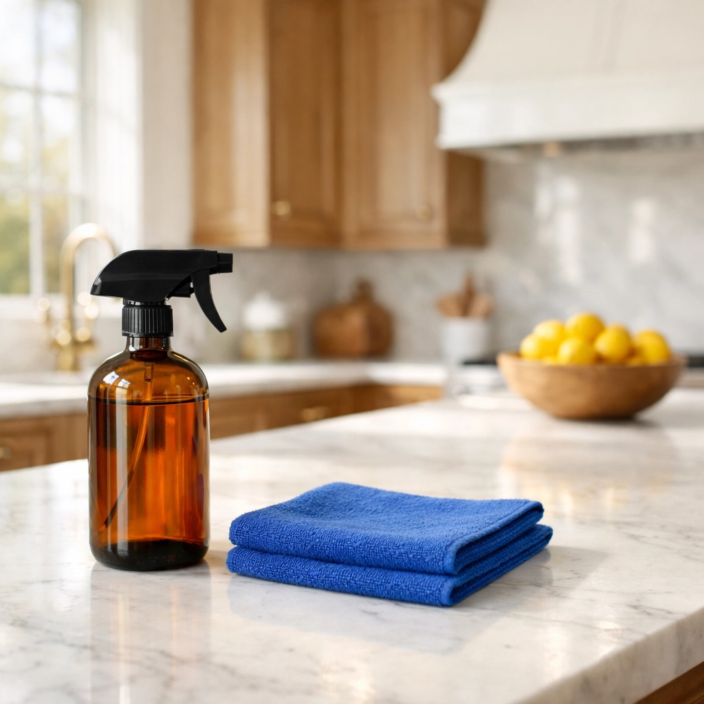 Eco-friendly residential cleaning in Massachusetts featuring green products on a luxury Dover marble kitchen island.