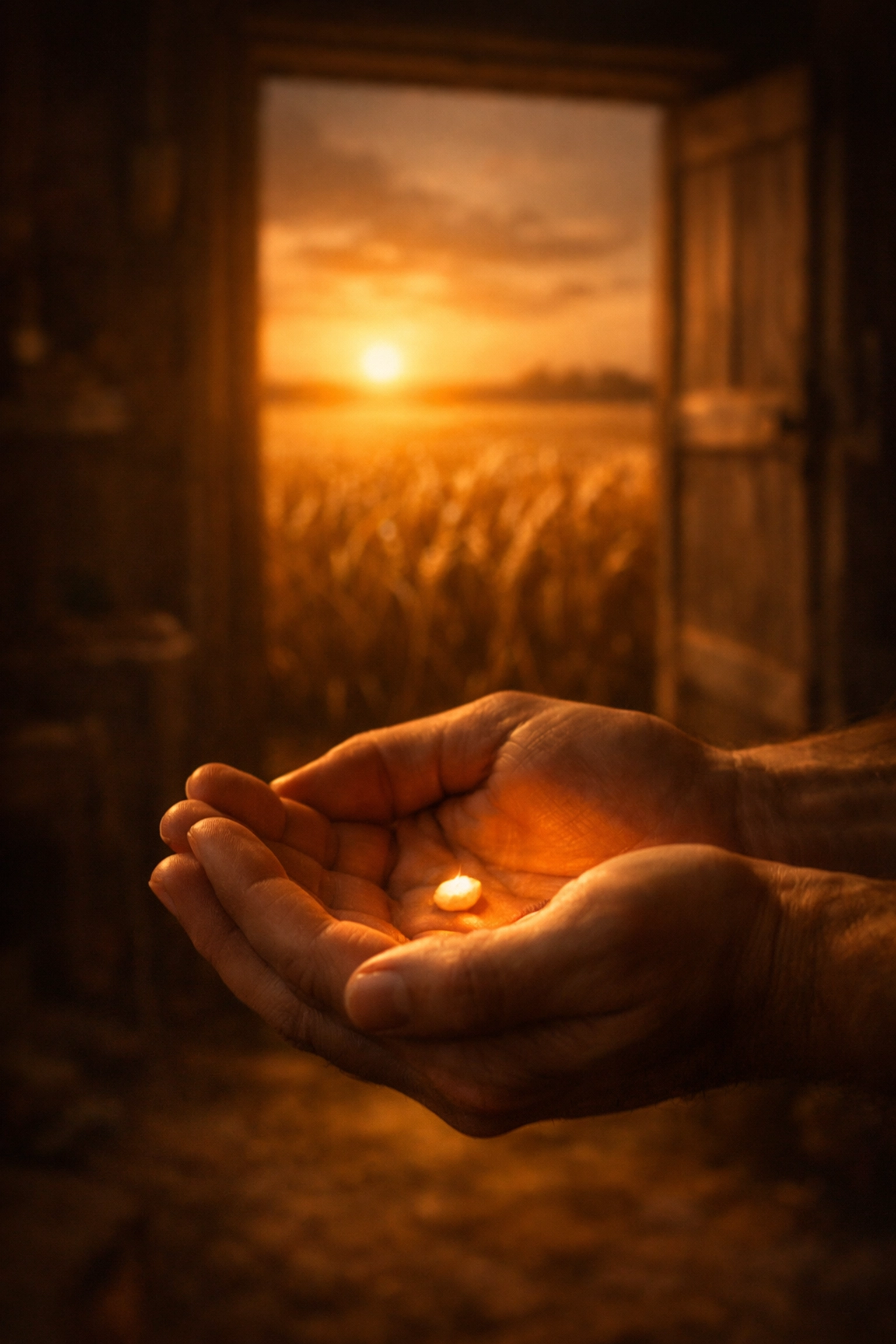 Hands holding a glowing seed against a golden harvest field, representing spiritual calling and purpose.