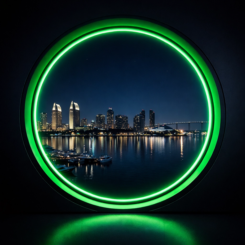 Clear nighttime view of San Diego harbor through a clean window, highlighting the Amerishop directory listing.